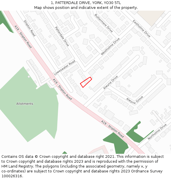 1, PATTERDALE DRIVE, YORK, YO30 5TL: Location map and indicative extent of plot