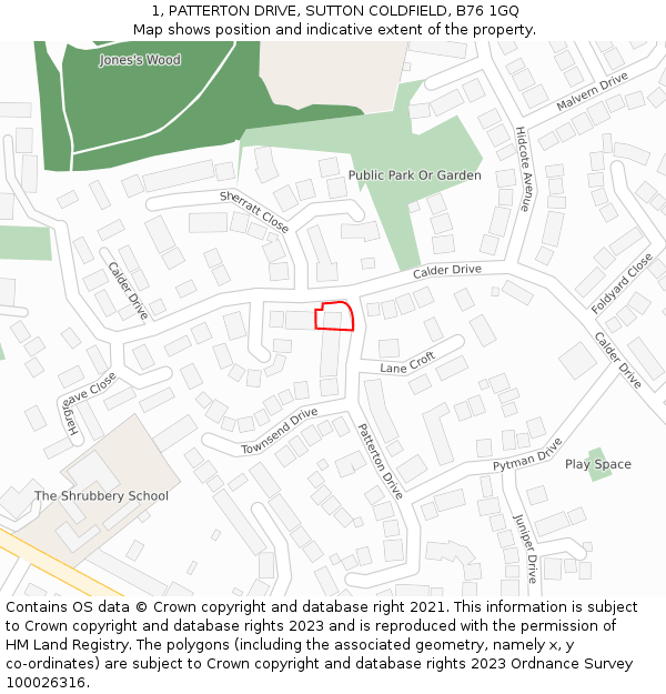 1, PATTERTON DRIVE, SUTTON COLDFIELD, B76 1GQ: Location map and indicative extent of plot