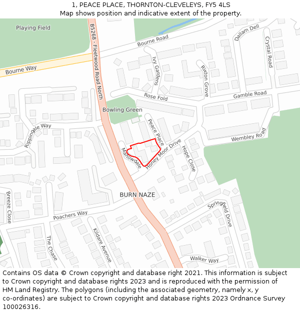 1, PEACE PLACE, THORNTON-CLEVELEYS, FY5 4LS: Location map and indicative extent of plot