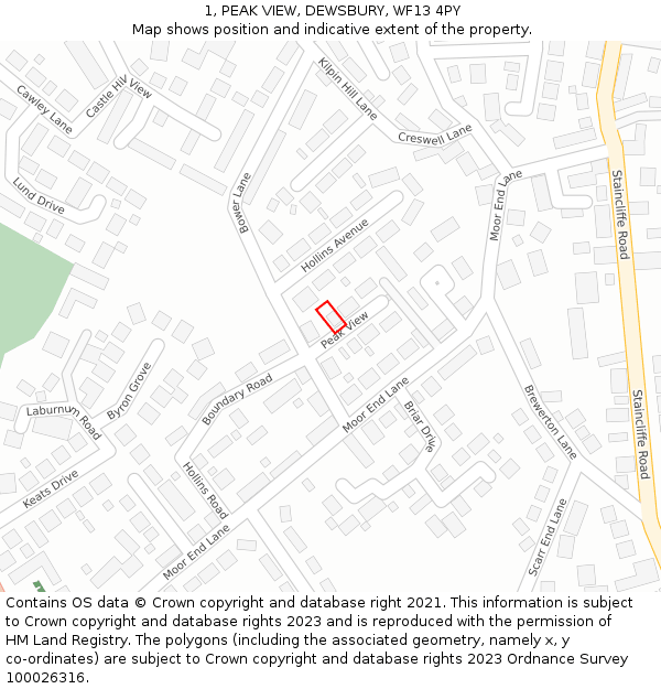 1, PEAK VIEW, DEWSBURY, WF13 4PY: Location map and indicative extent of plot