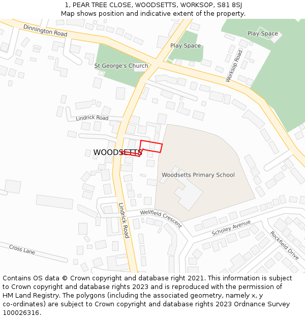 1, PEAR TREE CLOSE, WOODSETTS, WORKSOP, S81 8SJ: Location map and indicative extent of plot