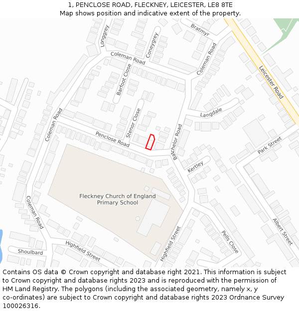 1, PENCLOSE ROAD, FLECKNEY, LEICESTER, LE8 8TE: Location map and indicative extent of plot