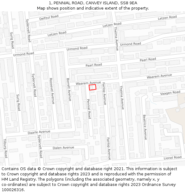 1, PENNIAL ROAD, CANVEY ISLAND, SS8 9EA: Location map and indicative extent of plot