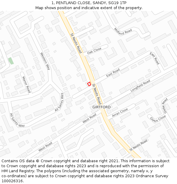 1, PENTLAND CLOSE, SANDY, SG19 1TP: Location map and indicative extent of plot