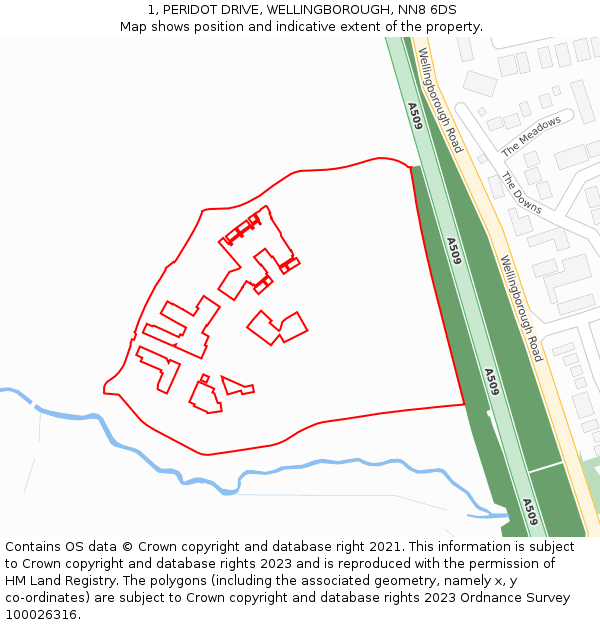 1, PERIDOT DRIVE, WELLINGBOROUGH, NN8 6DS: Location map and indicative extent of plot