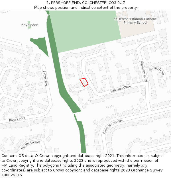 1, PERSHORE END, COLCHESTER, CO3 9UZ: Location map and indicative extent of plot