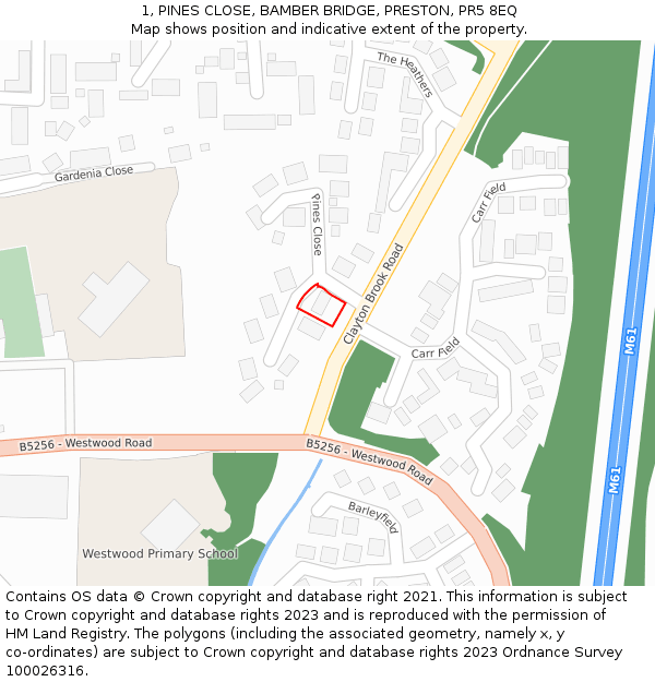 1, PINES CLOSE, BAMBER BRIDGE, PRESTON, PR5 8EQ: Location map and indicative extent of plot