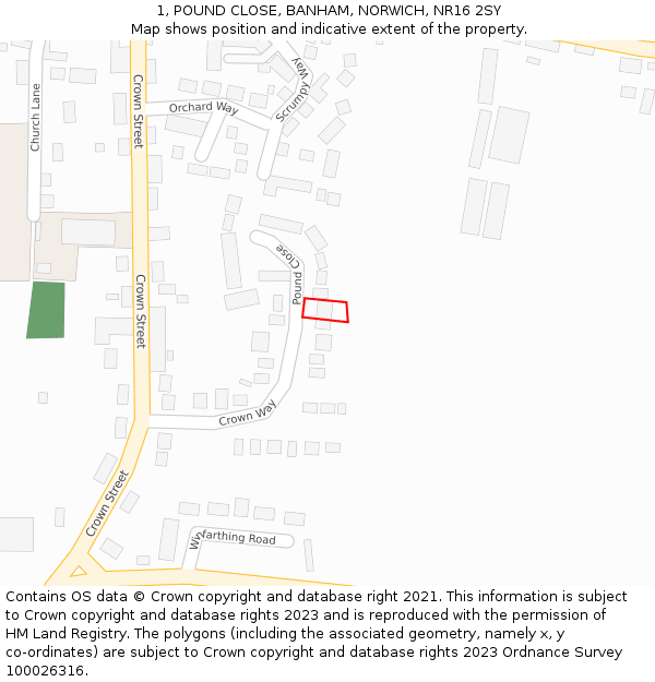 1, POUND CLOSE, BANHAM, NORWICH, NR16 2SY: Location map and indicative extent of plot