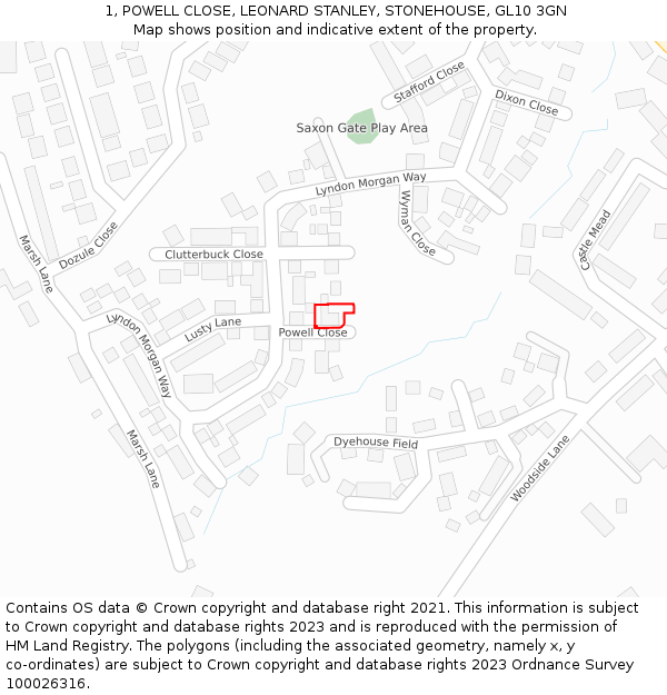 1, POWELL CLOSE, LEONARD STANLEY, STONEHOUSE, GL10 3GN: Location map and indicative extent of plot