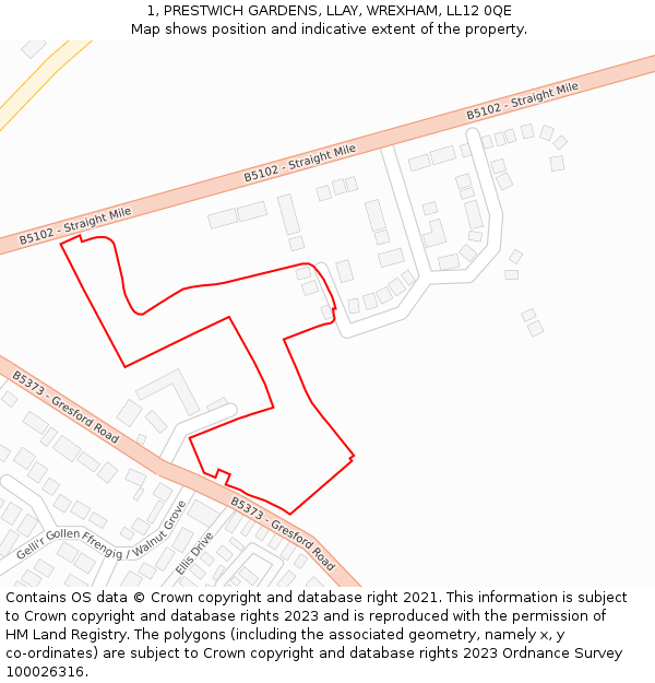 1, PRESTWICH GARDENS, LLAY, WREXHAM, LL12 0QE: Location map and indicative extent of plot