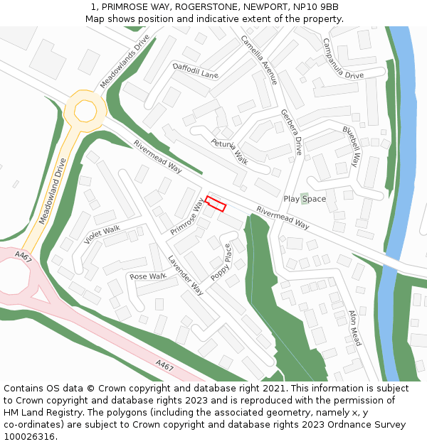 1, PRIMROSE WAY, ROGERSTONE, NEWPORT, NP10 9BB: Location map and indicative extent of plot