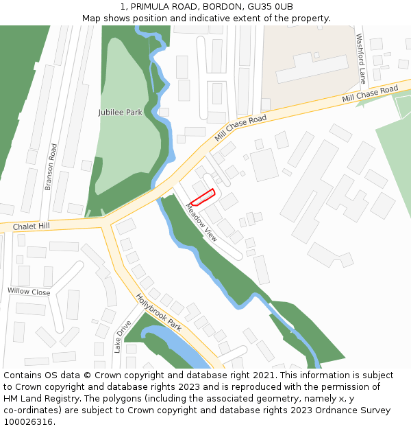 1, PRIMULA ROAD, BORDON, GU35 0UB: Location map and indicative extent of plot