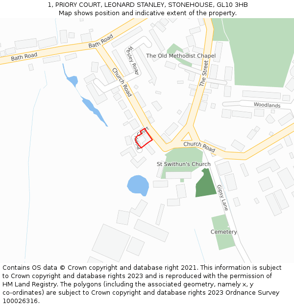 1, PRIORY COURT, LEONARD STANLEY, STONEHOUSE, GL10 3HB: Location map and indicative extent of plot