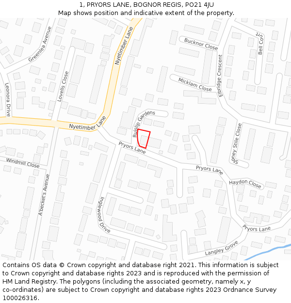 1, PRYORS LANE, BOGNOR REGIS, PO21 4JU: Location map and indicative extent of plot