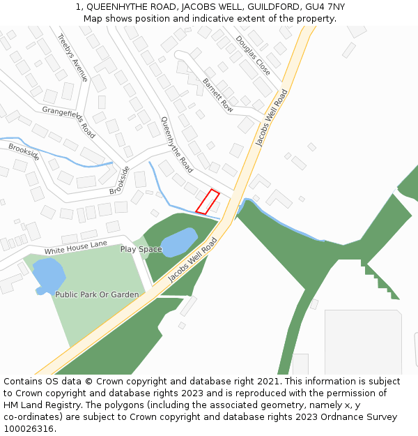 1, QUEENHYTHE ROAD, JACOBS WELL, GUILDFORD, GU4 7NY: Location map and indicative extent of plot