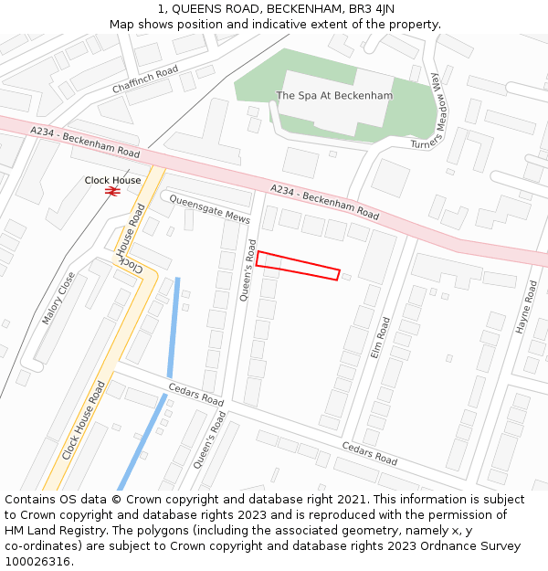 1, QUEENS ROAD, BECKENHAM, BR3 4JN: Location map and indicative extent of plot