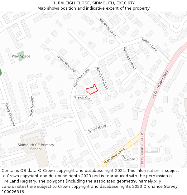 1, RALEIGH CLOSE, SIDMOUTH, EX10 9TY: Location map and indicative extent of plot