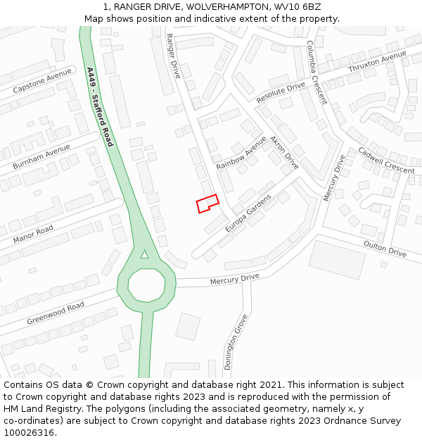 1, RANGER DRIVE, WOLVERHAMPTON, WV10 6BZ: Location map and indicative extent of plot