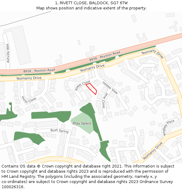 1, RIVETT CLOSE, BALDOCK, SG7 6TW: Location map and indicative extent of plot