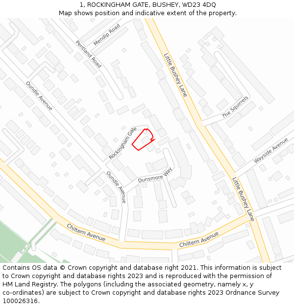 1, ROCKINGHAM GATE, BUSHEY, WD23 4DQ: Location map and indicative extent of plot