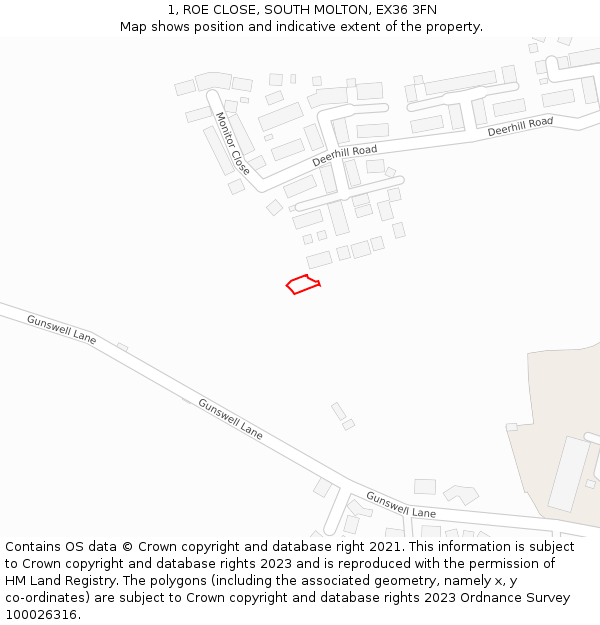 1, ROE CLOSE, SOUTH MOLTON, EX36 3FN: Location map and indicative extent of plot