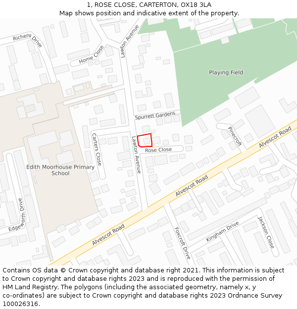 1, ROSE CLOSE, CARTERTON, OX18 3LA: Location map and indicative extent of plot