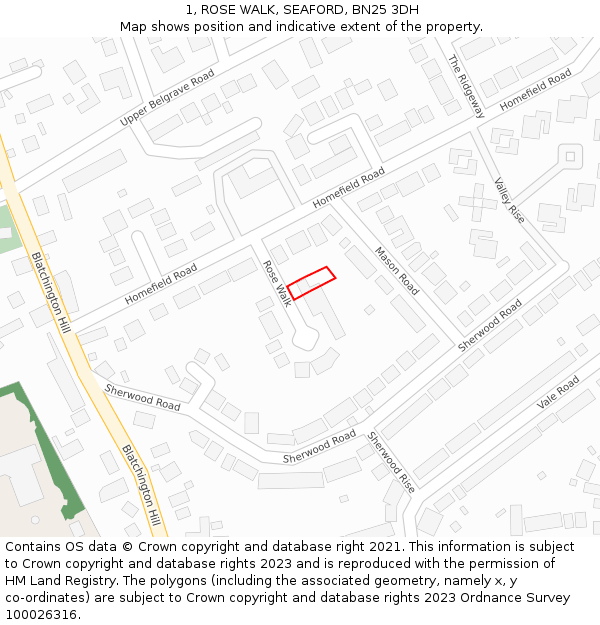 1, ROSE WALK, SEAFORD, BN25 3DH: Location map and indicative extent of plot