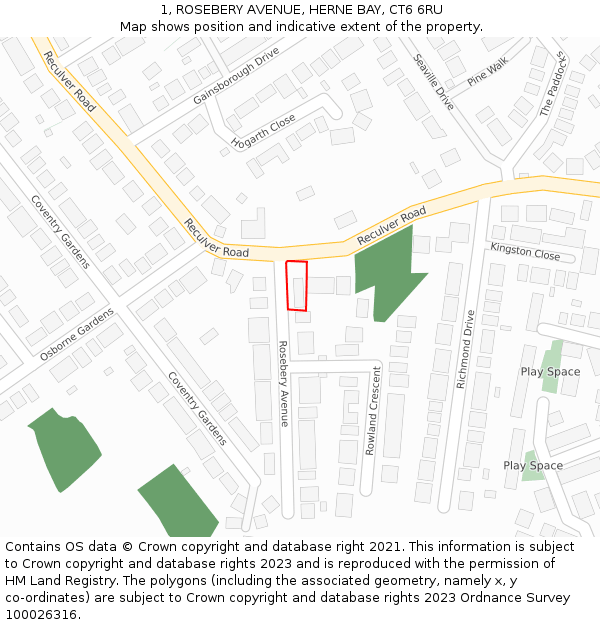 1, ROSEBERY AVENUE, HERNE BAY, CT6 6RU: Location map and indicative extent of plot