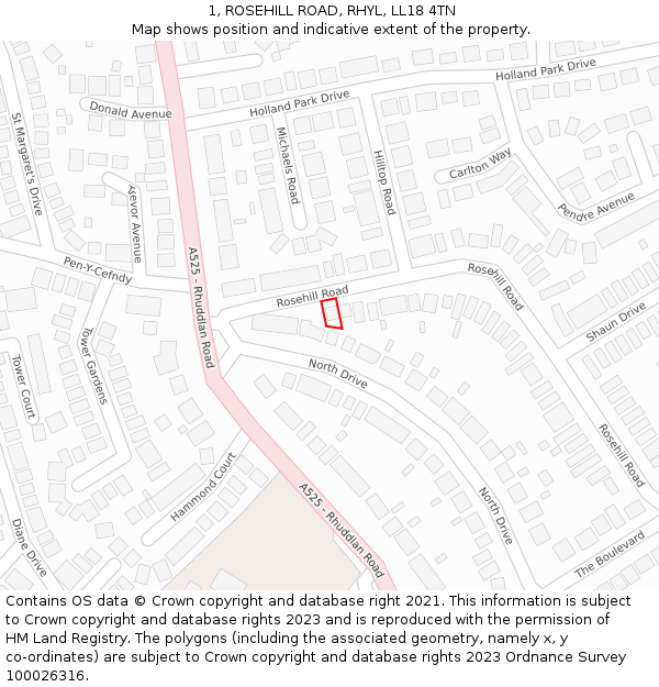 1, ROSEHILL ROAD, RHYL, LL18 4TN: Location map and indicative extent of plot