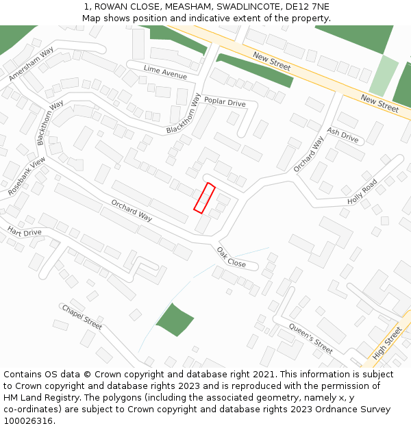 1, ROWAN CLOSE, MEASHAM, SWADLINCOTE, DE12 7NE: Location map and indicative extent of plot