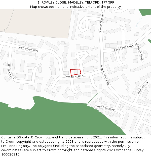 1, ROWLEY CLOSE, MADELEY, TELFORD, TF7 5RR: Location map and indicative extent of plot