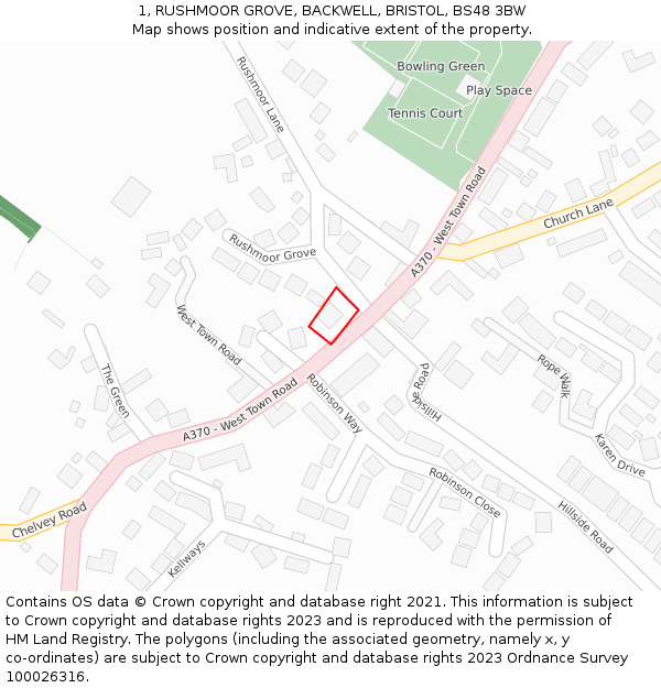 1, RUSHMOOR GROVE, BACKWELL, BRISTOL, BS48 3BW: Location map and indicative extent of plot