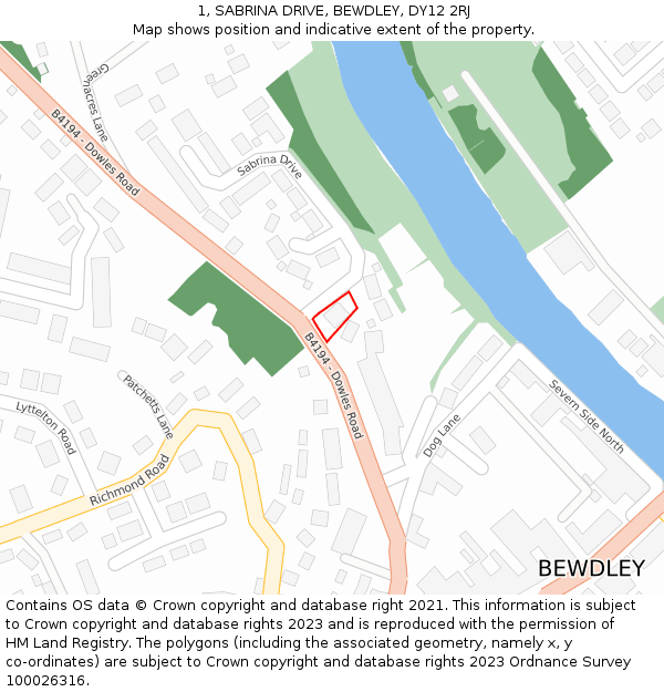 1, SABRINA DRIVE, BEWDLEY, DY12 2RJ: Location map and indicative extent of plot