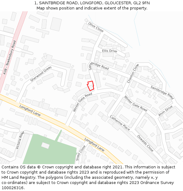 1, SAINTBRIDGE ROAD, LONGFORD, GLOUCESTER, GL2 9FN: Location map and indicative extent of plot