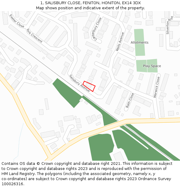 1, SALISBURY CLOSE, FENITON, HONITON, EX14 3DX: Location map and indicative extent of plot