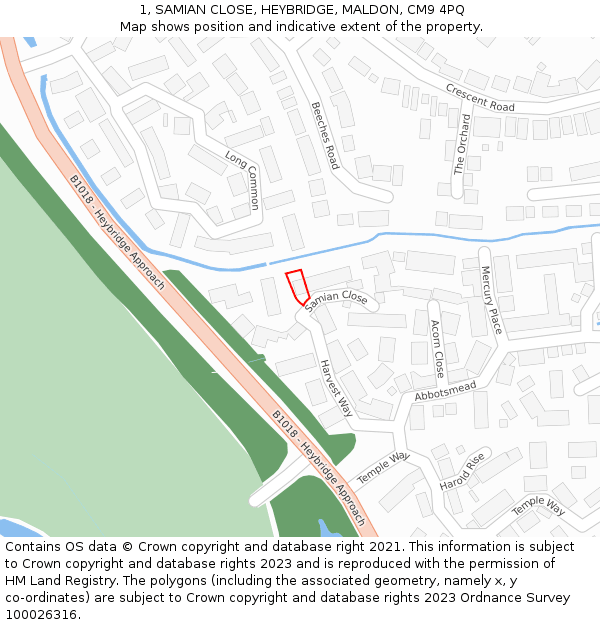 1, SAMIAN CLOSE, HEYBRIDGE, MALDON, CM9 4PQ: Location map and indicative extent of plot