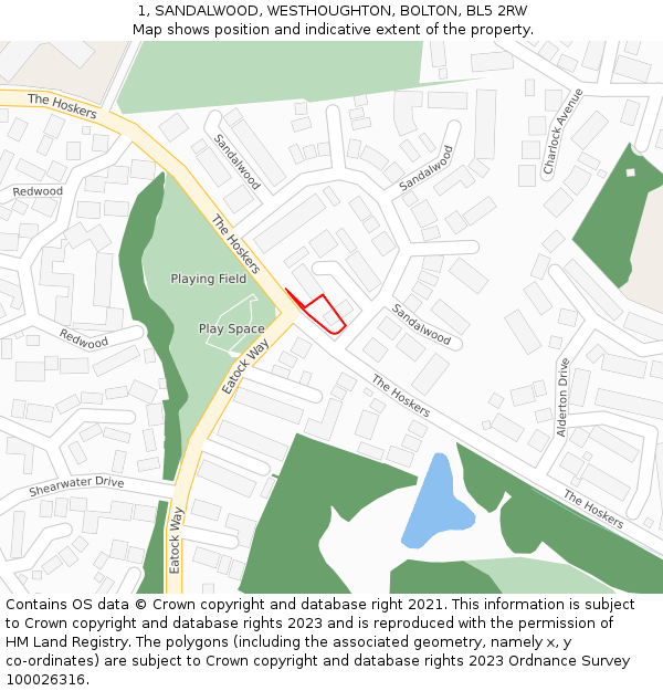 1, SANDALWOOD, WESTHOUGHTON, BOLTON, BL5 2RW: Location map and indicative extent of plot