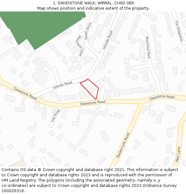 1, SANDSTONE WALK, WIRRAL, CH60 0BX: Location map and indicative extent of plot