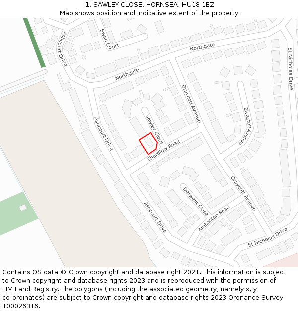 1, SAWLEY CLOSE, HORNSEA, HU18 1EZ: Location map and indicative extent of plot