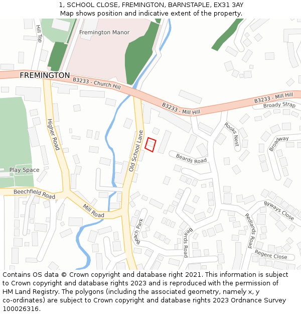 1, SCHOOL CLOSE, FREMINGTON, BARNSTAPLE, EX31 3AY: Location map and indicative extent of plot