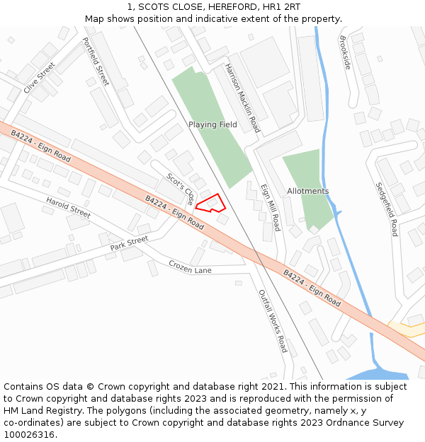 1, SCOTS CLOSE, HEREFORD, HR1 2RT: Location map and indicative extent of plot