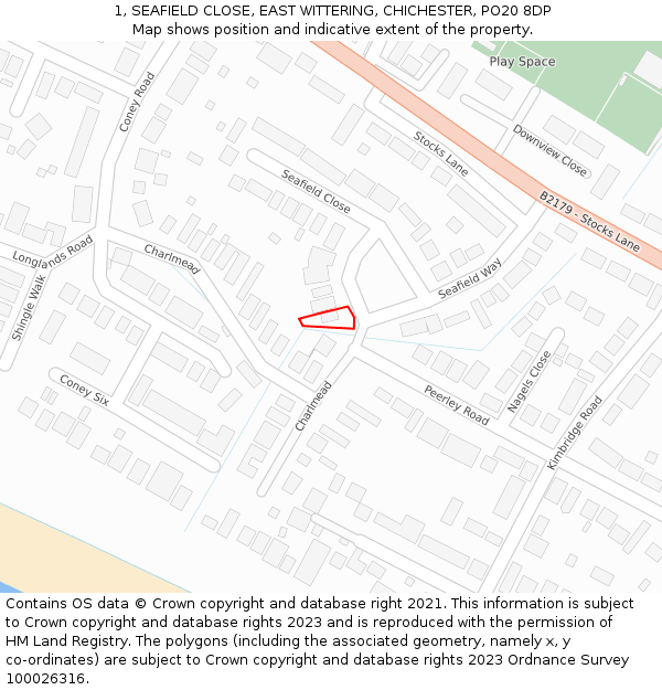 1, SEAFIELD CLOSE, EAST WITTERING, CHICHESTER, PO20 8DP: Location map and indicative extent of plot