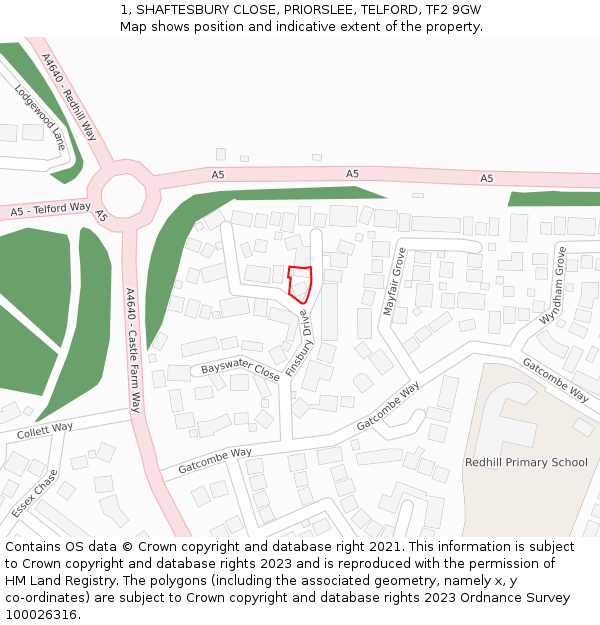 1, SHAFTESBURY CLOSE, PRIORSLEE, TELFORD, TF2 9GW: Location map and indicative extent of plot