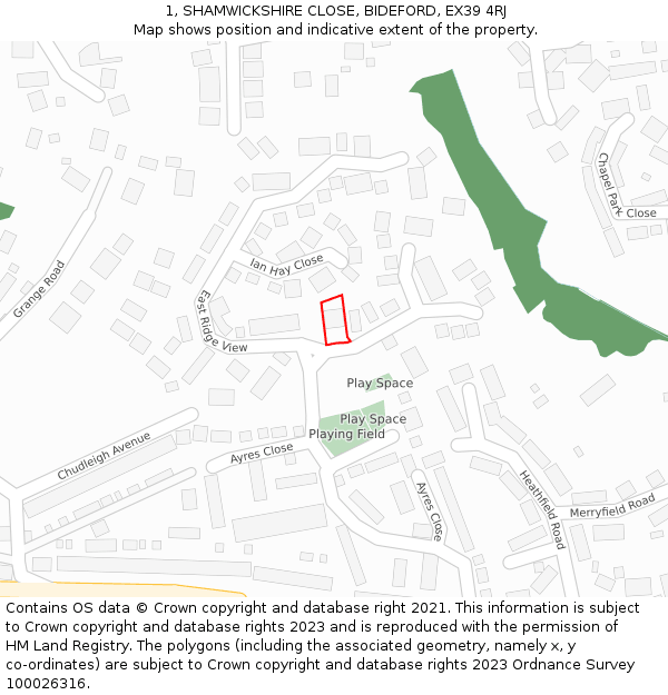 1, SHAMWICKSHIRE CLOSE, BIDEFORD, EX39 4RJ: Location map and indicative extent of plot