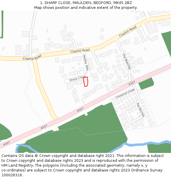 1, SHARP CLOSE, MAULDEN, BEDFORD, MK45 2BZ: Location map and indicative extent of plot