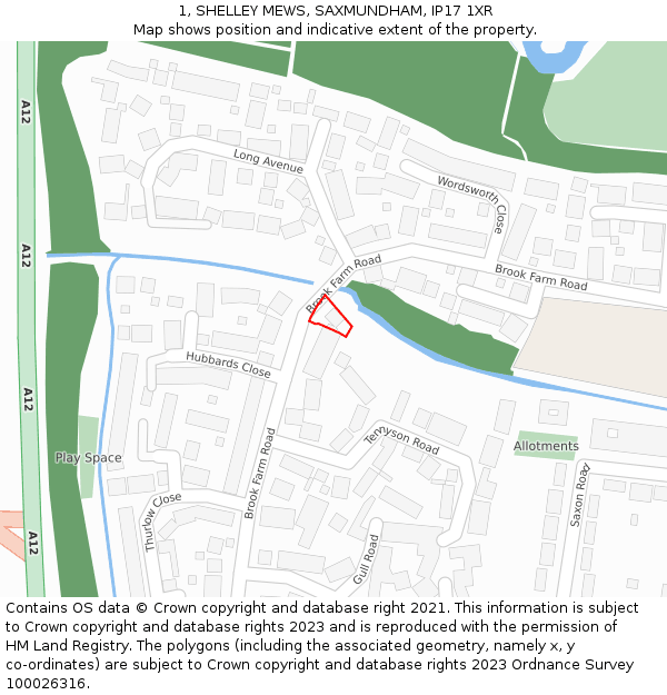 1, SHELLEY MEWS, SAXMUNDHAM, IP17 1XR: Location map and indicative extent of plot