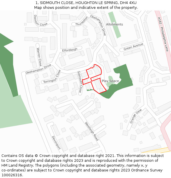 1, SIDMOUTH CLOSE, HOUGHTON LE SPRING, DH4 4XU: Location map and indicative extent of plot