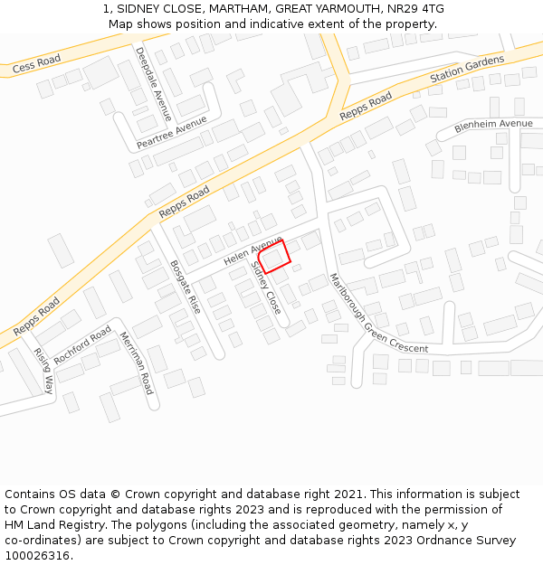 1, SIDNEY CLOSE, MARTHAM, GREAT YARMOUTH, NR29 4TG: Location map and indicative extent of plot