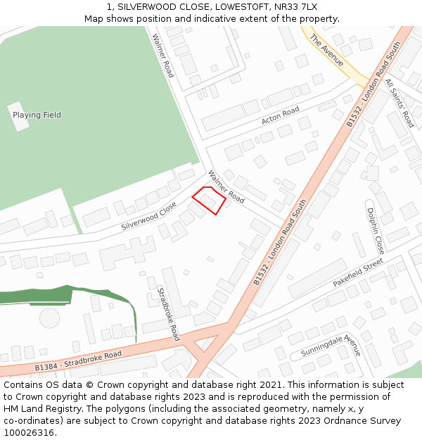 1, SILVERWOOD CLOSE, LOWESTOFT, NR33 7LX: Location map and indicative extent of plot