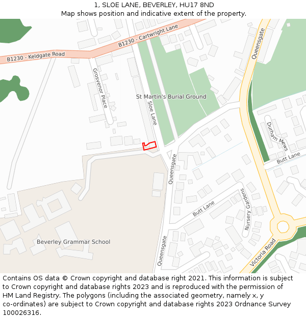 1, SLOE LANE, BEVERLEY, HU17 8ND: Location map and indicative extent of plot